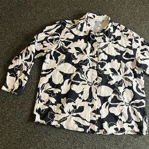 PRIMARK Black & White Floral Oversized Cotton Hawaiian Shirt Blouse Cotton Top M